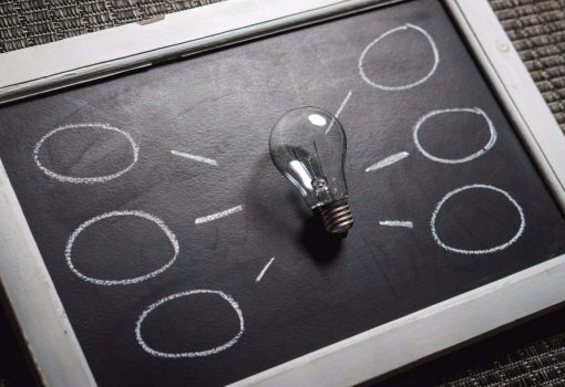 Lightbulb on a chalkboard with idea bubbles drawn branching off from it