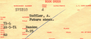 Carbon copy of 1971 order form for the book Future Shock.