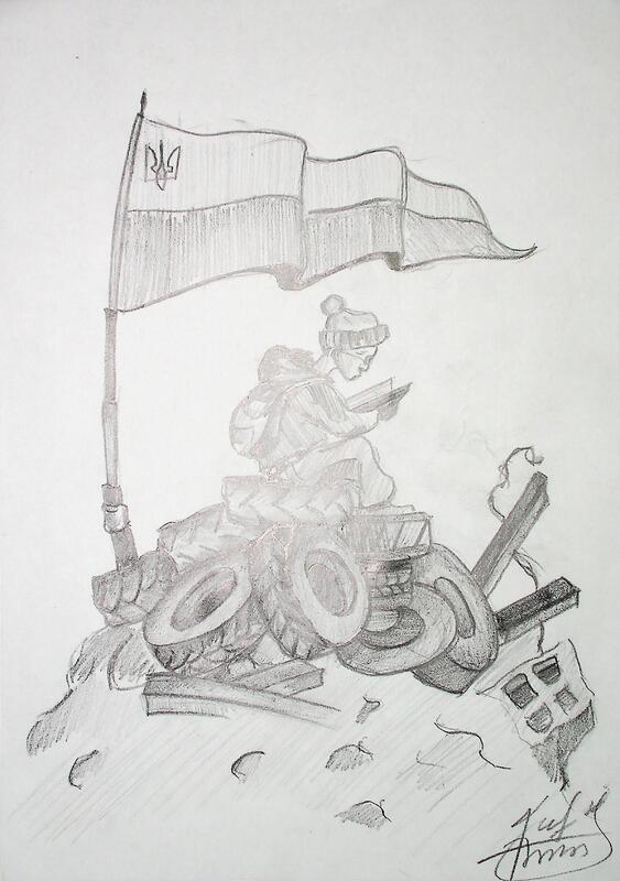 Drawing of child reading on war rubble under a flag