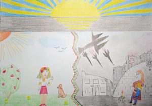 Children's drawing. At the top, there is a sun rising over water. The bottom left is a bright happy peaceful scene of a girl wearing traditional Ukrainian clothes outside with a dog, next to a berry bush. On the right side is a dark sad war-torn scene of a girl holding a doll hiding in a small room by candlelight while missiles drop overhead.