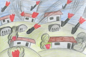 Child's drawing of bombs falling onto houses on hills and people in shelters